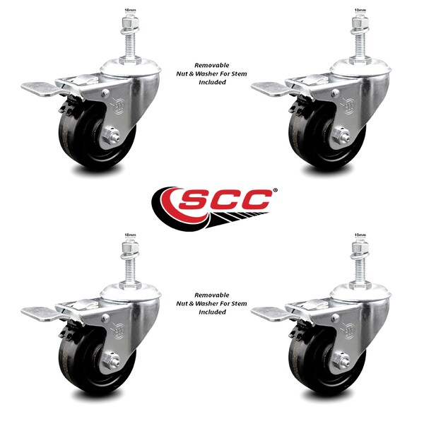 3 Inch Phenolic Swivel 10mm Threaded Stem Caster Set with Total Lock Brake